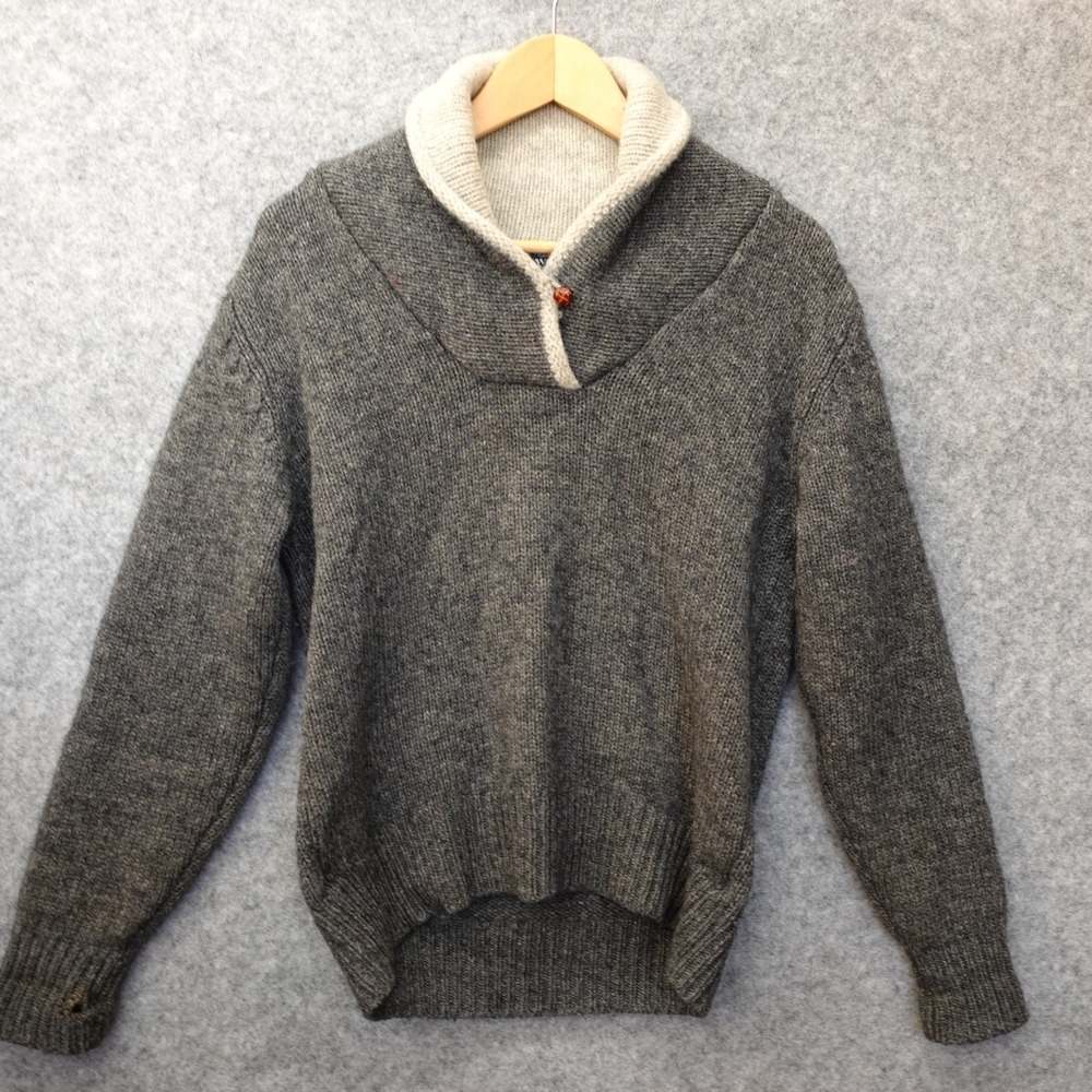 Vintage Shetland Wool Sweater Womens MEDIUM Gray Shawl Collar Fisherman Cabin 38